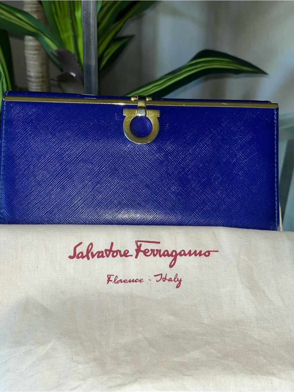 Salvatore Ferragamo Cobalt Blue Leather Clutch with Gold-Tone Hardware